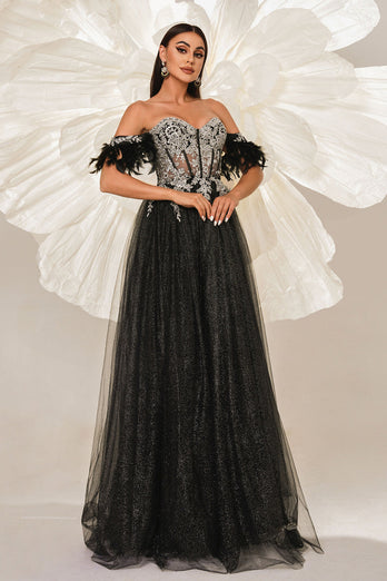 Glitter Black Off the Shouler A-Line Tulle Long Corset Prom Dress with Feather