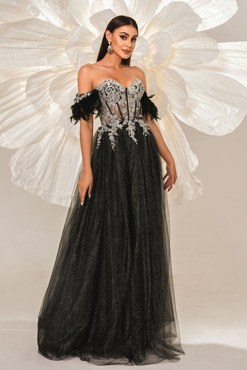 Glitter Black Off the Shouler A-Line Tulle Long Corset Prom Dress with Feather