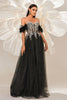 Load image into Gallery viewer, Glitter Black Off the Shouler A-Line Tulle Long Corset Prom Dress with Feather