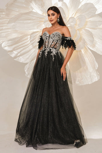 Glitter Black Off the Shouler A-Line Tulle Long Corset Prom Dress with Feather