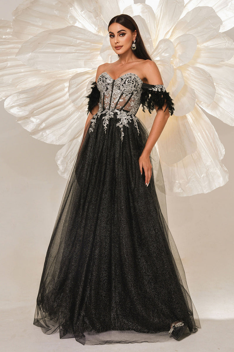 Load image into Gallery viewer, Glitter Black Off the Shouler A-Line Tulle Long Corset Prom Dress with Feather