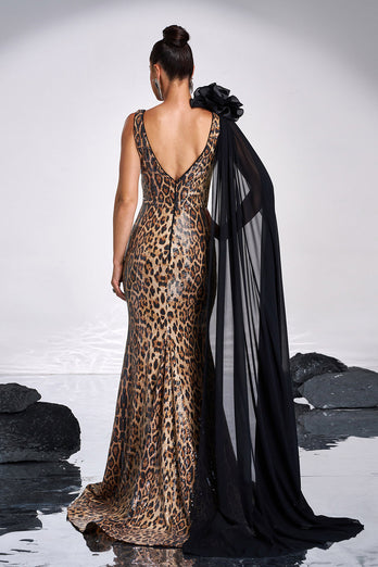 Coffee Leopard Printed Mermaid V-neck Long Prom Dress