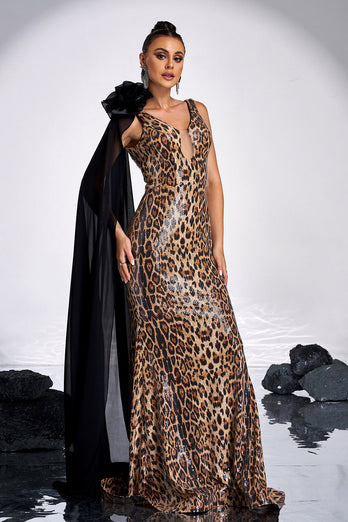 Coffee Leopard Printed Mermaid V-neck Long Prom Dress