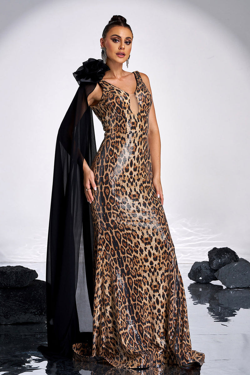 Load image into Gallery viewer, Coffee Leopard Printed Mermaid V-neck Long Prom Dress