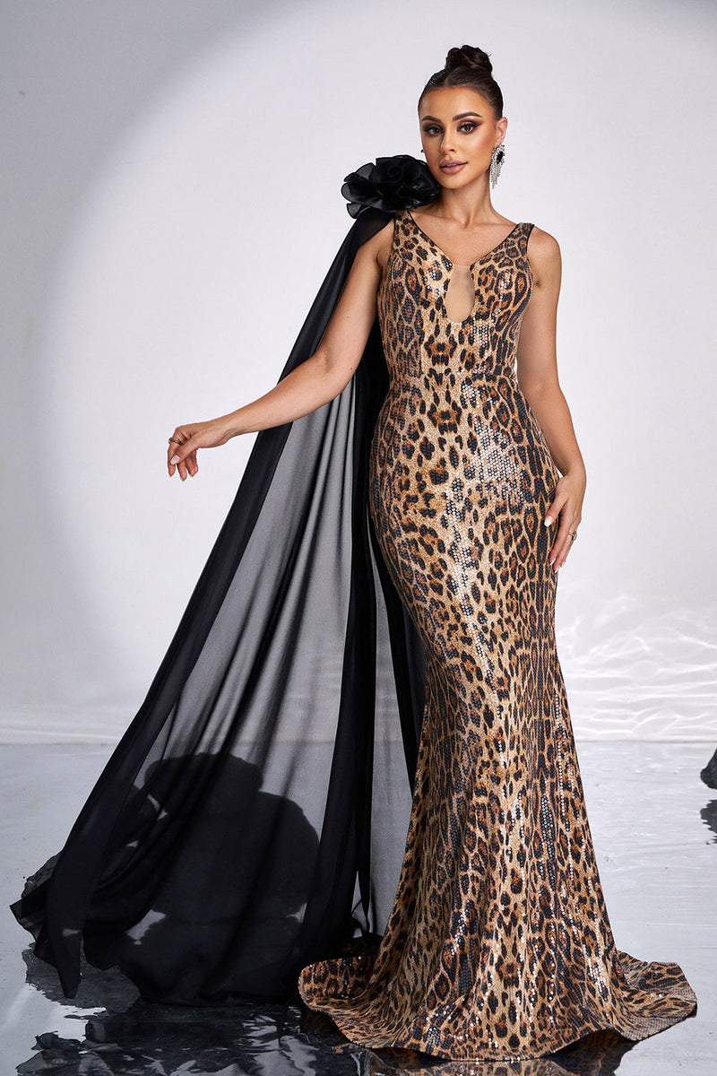 Load image into Gallery viewer, Coffee Leopard Printed Mermaid V-neck Long Prom Dress