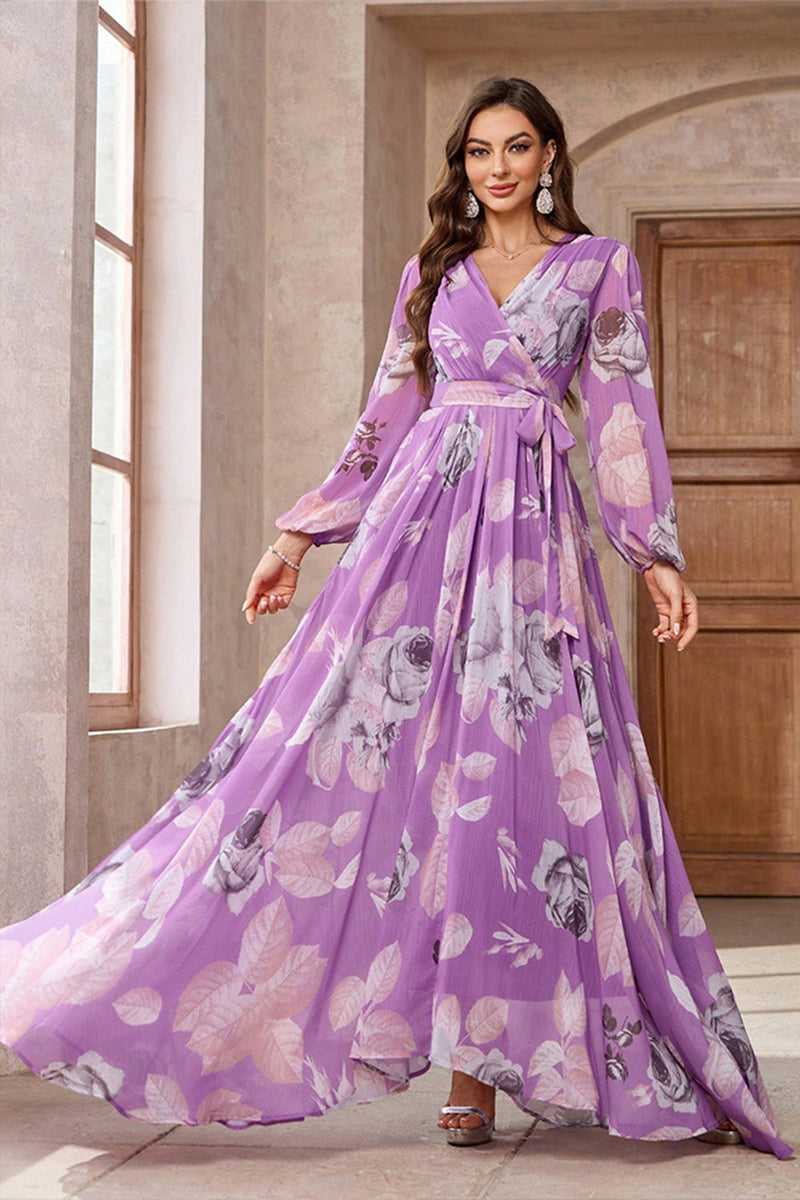 Load image into Gallery viewer, Purple Floral Printed Chiffon A-Line V-neck Long Sleeves Long Prom Dress