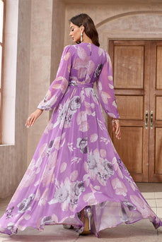 Purple Floral Printed Chiffon A-Line V-neck Long Sleeves Long Prom Dress