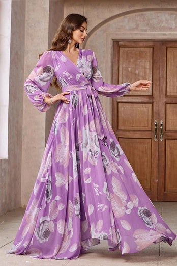 Purple Floral Printed Chiffon A-Line V-neck Long Sleeves Long Prom Dress