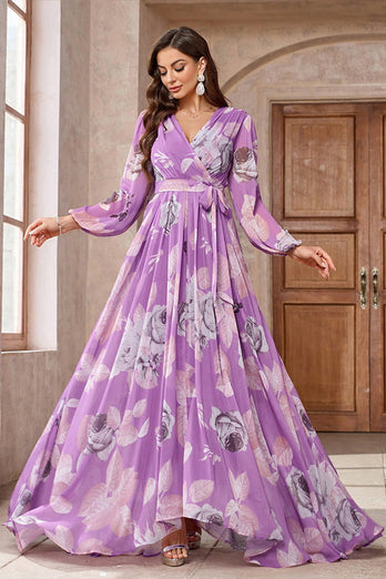 Purple Floral Printed Chiffon A-Line V-neck Long Sleeves Long Prom Dress