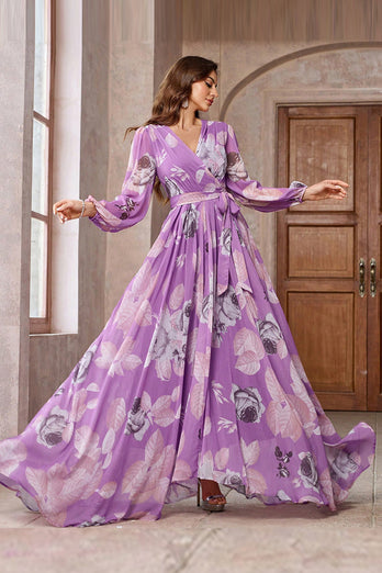 Purple Floral Printed Chiffon A-Line V-neck Long Sleeves Long Prom Dress