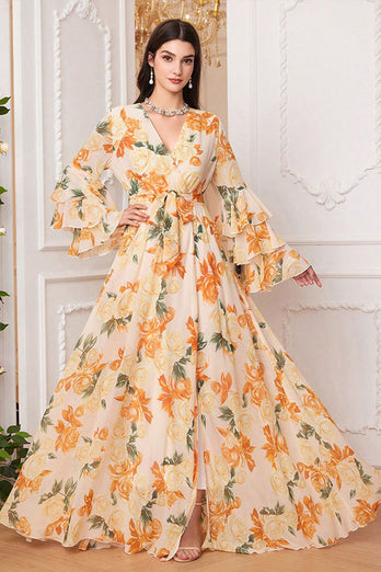 Yellow Floral Chiffon A-Line V-neck Long Sleeves Long Prom Dress