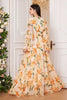 Load image into Gallery viewer, Yellow Floral Chiffon A-Line V-neck Long Sleeves Long Prom Dress