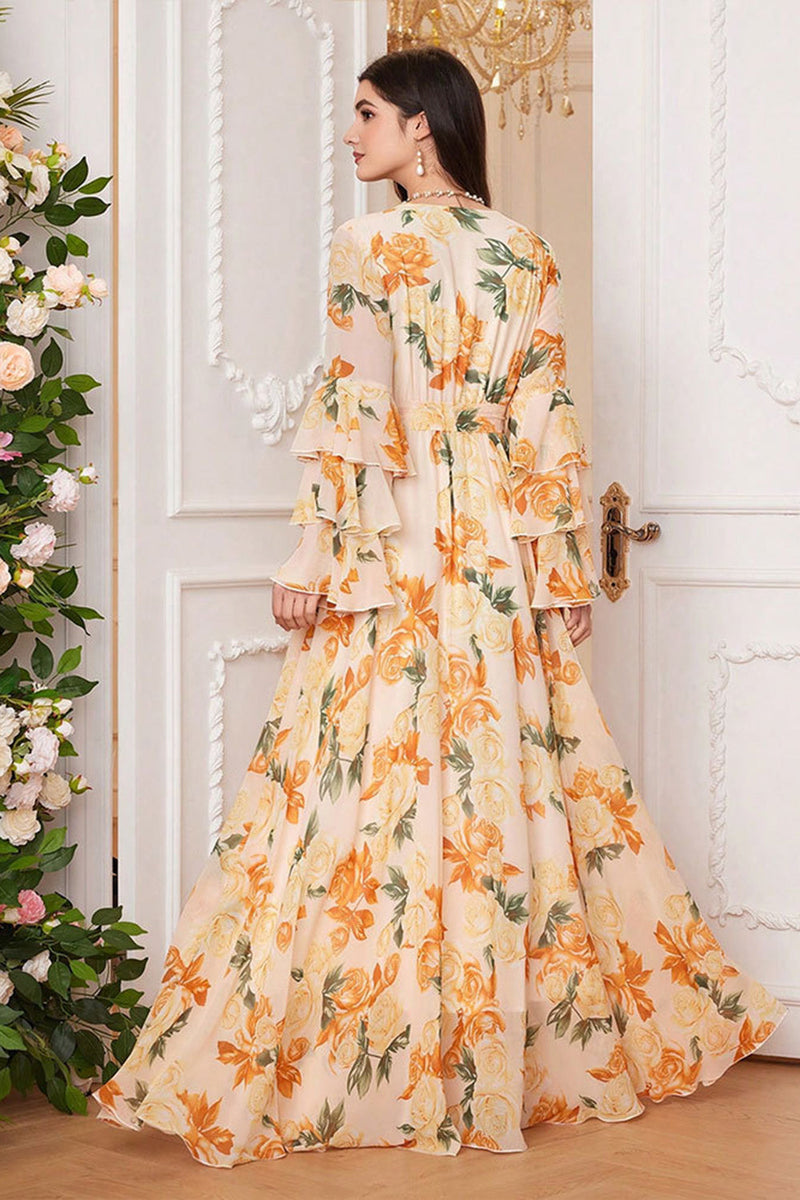 Load image into Gallery viewer, Yellow Floral Chiffon A-Line V-neck Long Sleeves Long Prom Dress