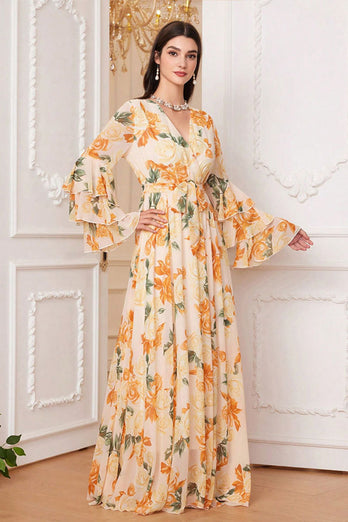 Yellow Floral Chiffon A-Line V-neck Long Sleeves Long Prom Dress