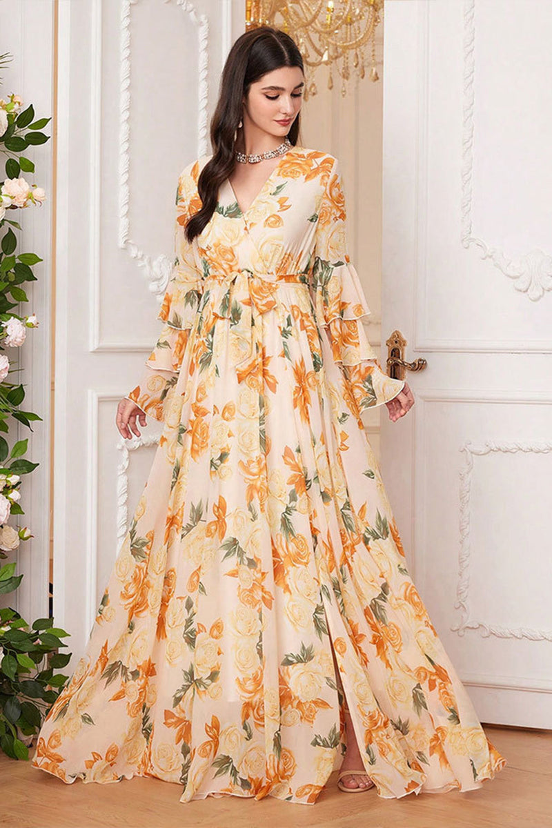 Load image into Gallery viewer, Yellow Floral Chiffon A-Line V-neck Long Sleeves Long Prom Dress