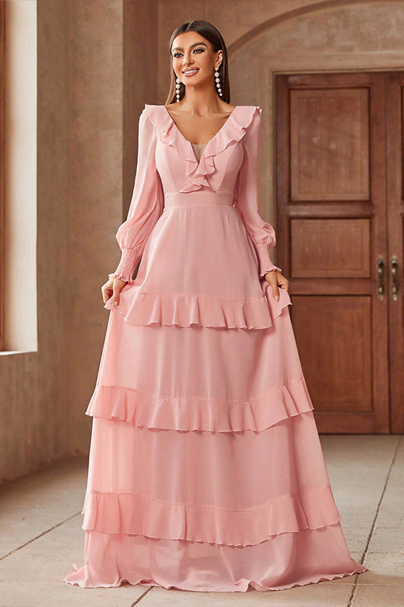 Load image into Gallery viewer, Pink Chiffon V-neck Long Sleeves A-Line Tiered Long Prom Dress