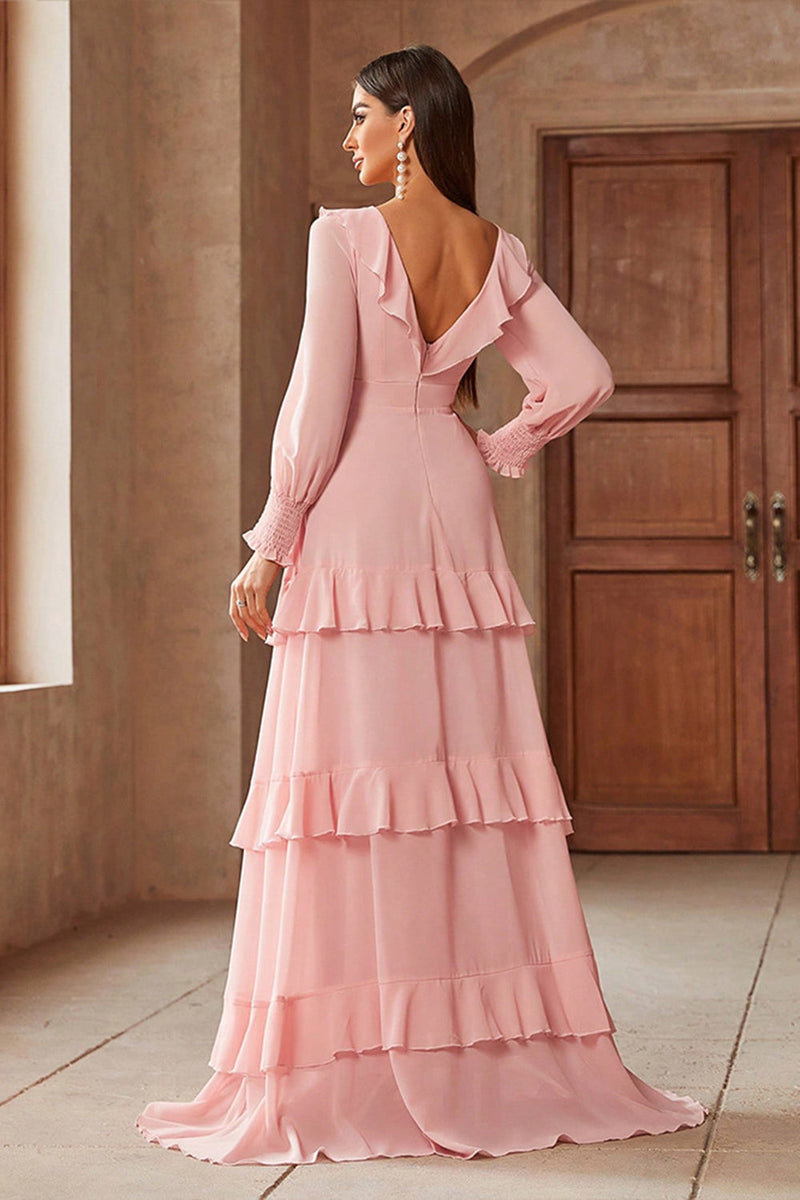 Load image into Gallery viewer, Pink Chiffon V-neck Long Sleeves A-Line Tiered Long Prom Dress