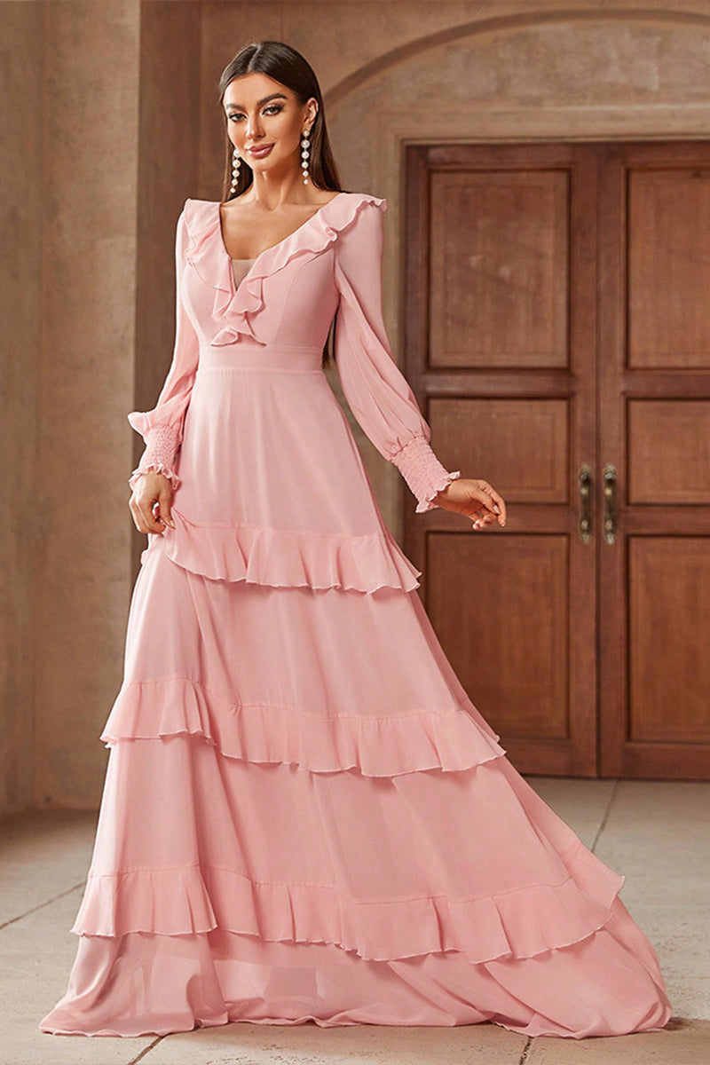 Load image into Gallery viewer, Pink Chiffon V-neck Long Sleeves A-Line Tiered Long Prom Dress