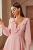 Load image into Gallery viewer, Pink Chiffon V-neck Long Sleeves A-Line Tiered Long Prom Dress