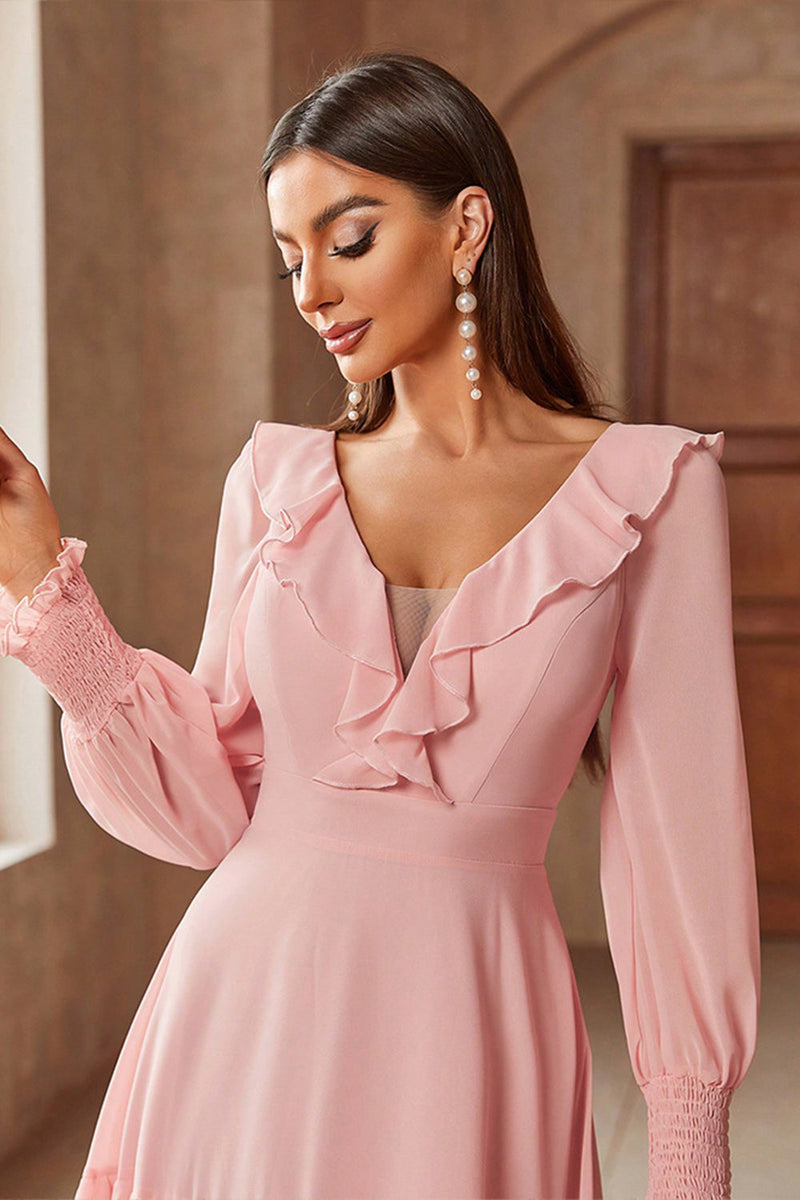 Load image into Gallery viewer, Pink Chiffon V-neck Long Sleeves A-Line Tiered Long Prom Dress