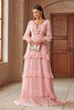 Load image into Gallery viewer, Pink Chiffon V-neck Long Sleeves A-Line Tiered Long Prom Dress