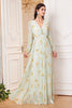 Load image into Gallery viewer, Light Green Long Sleeves Floral Print A Line V Neck Prom Dress with Slit