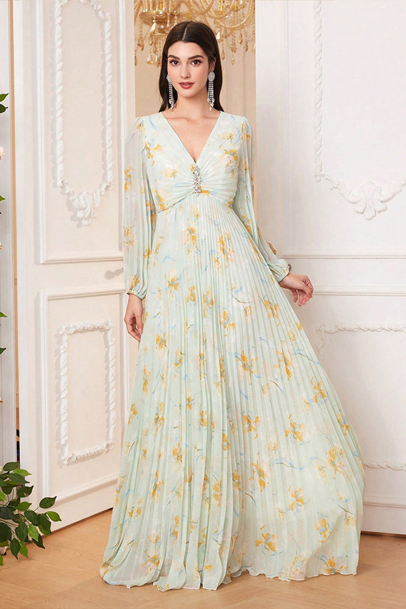 Load image into Gallery viewer, Light Green Long Sleeves Floral Print A Line V Neck Prom Dress with Slit