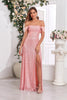 Load image into Gallery viewer, Pink A Line Off the Shoulder Sequin Long Prom Dress with Slit