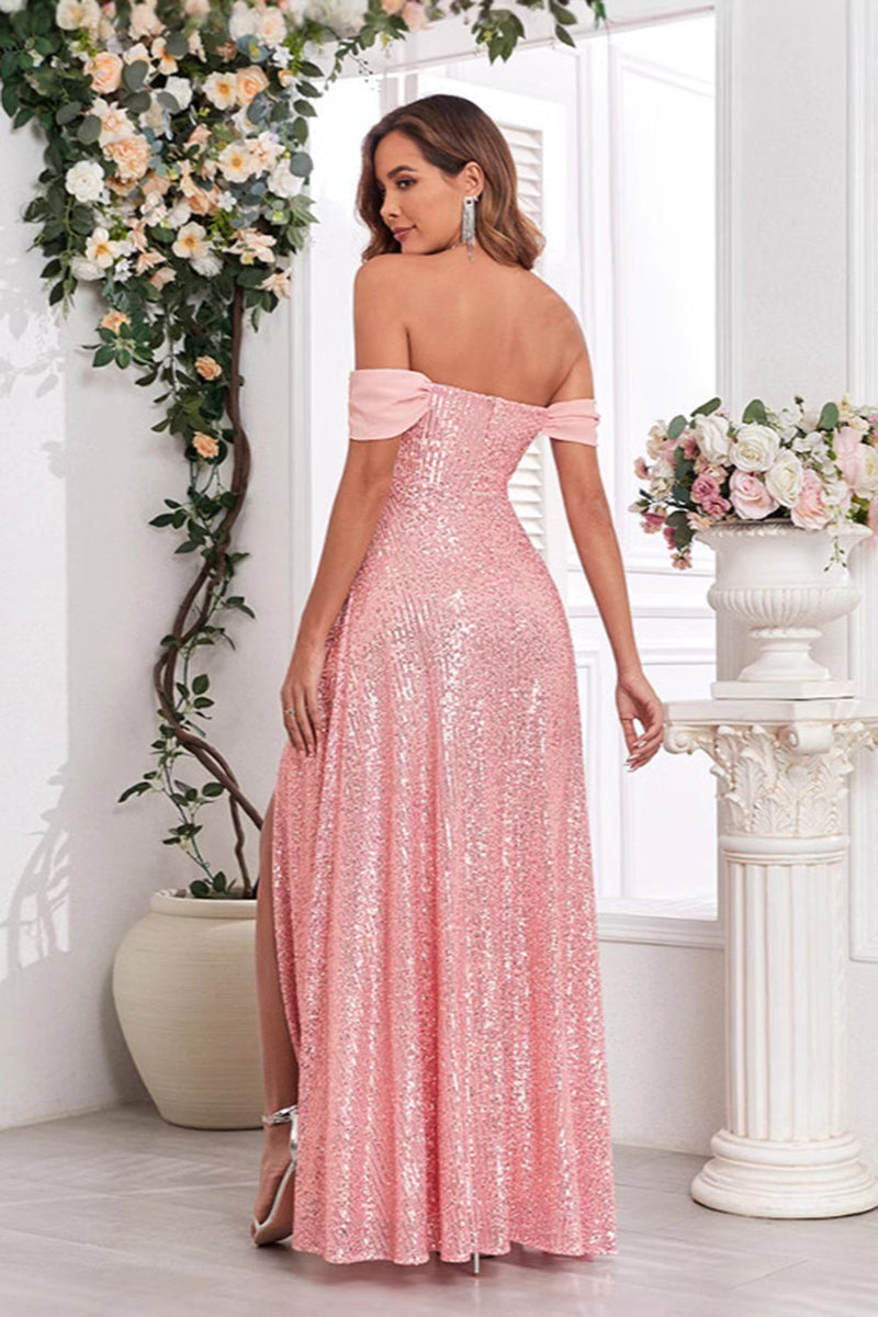 Load image into Gallery viewer, Pink A Line Off the Shoulder Sequin Long Prom Dress with Slit