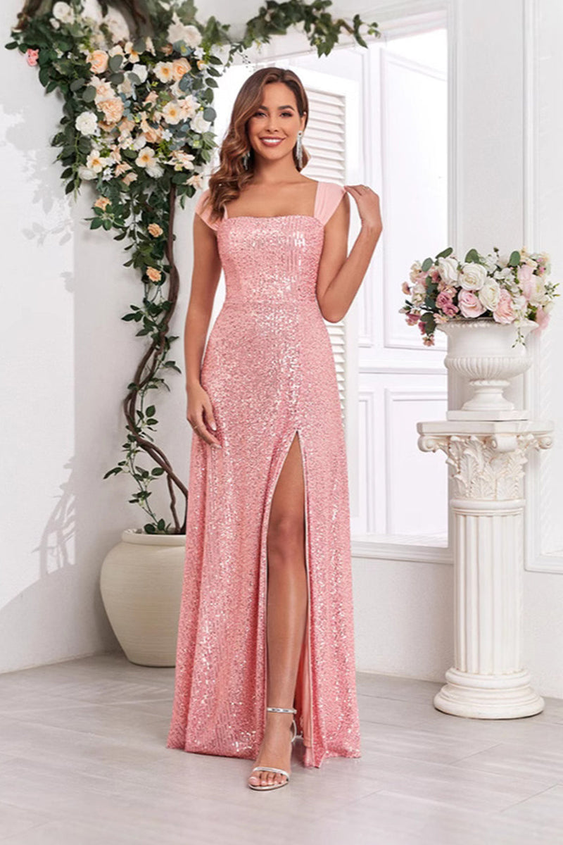 Load image into Gallery viewer, Pink A Line Off the Shoulder Sequin Long Prom Dress with Slit