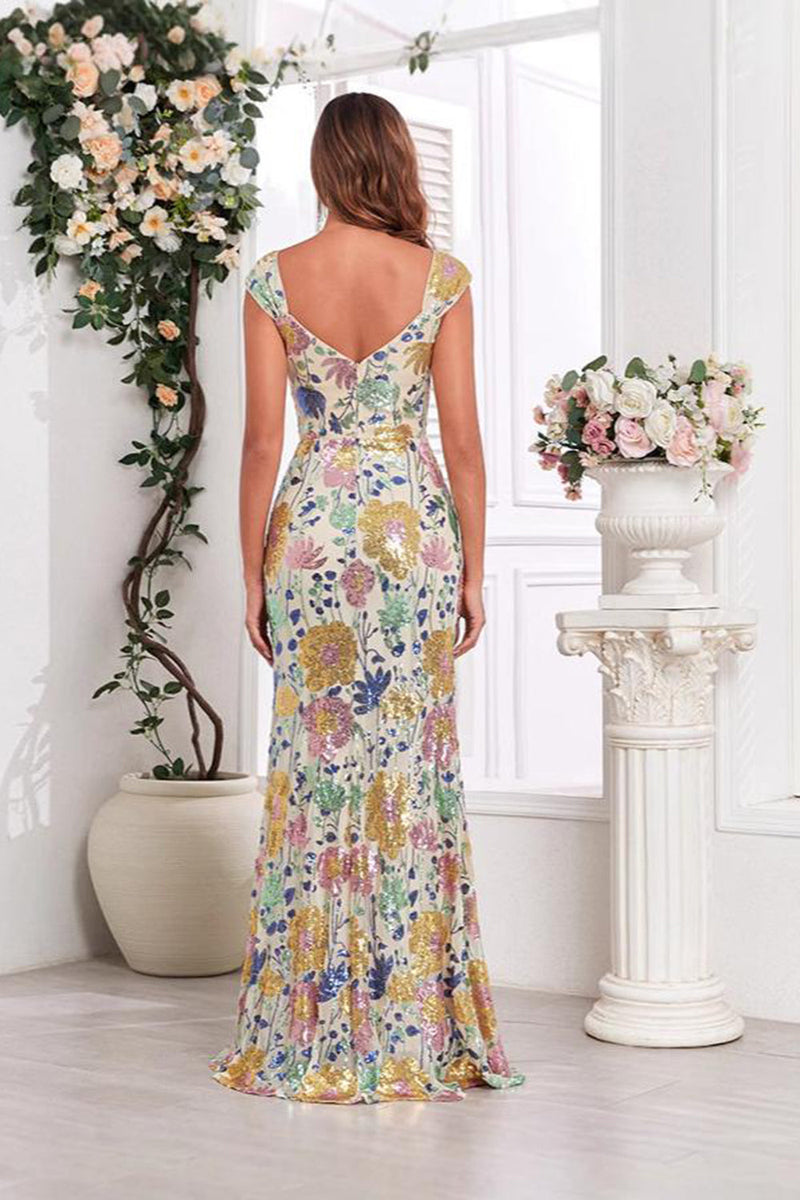 Load image into Gallery viewer, Golden Mermaid Floral V-neck Long Prom Dress