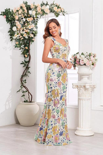 Golden Mermaid Floral V-neck Long Prom Dress