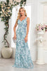 Load image into Gallery viewer, Blue Floral Sheath V-Neck Long Prom Dress