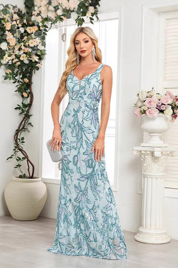 Blue Floral Sheath V-Neck Long Prom Dress