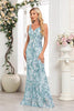 Load image into Gallery viewer, Blue Floral Sheath V-Neck Long Prom Dress