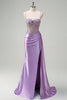 Load image into Gallery viewer, Purple Mermaid Watteau Train Sheer Ruched Corset Long Prom Dress with Slit