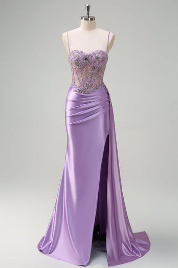 Purple Mermaid Watteau Train Sheer Ruched Corset Long Prom Dress with Slit