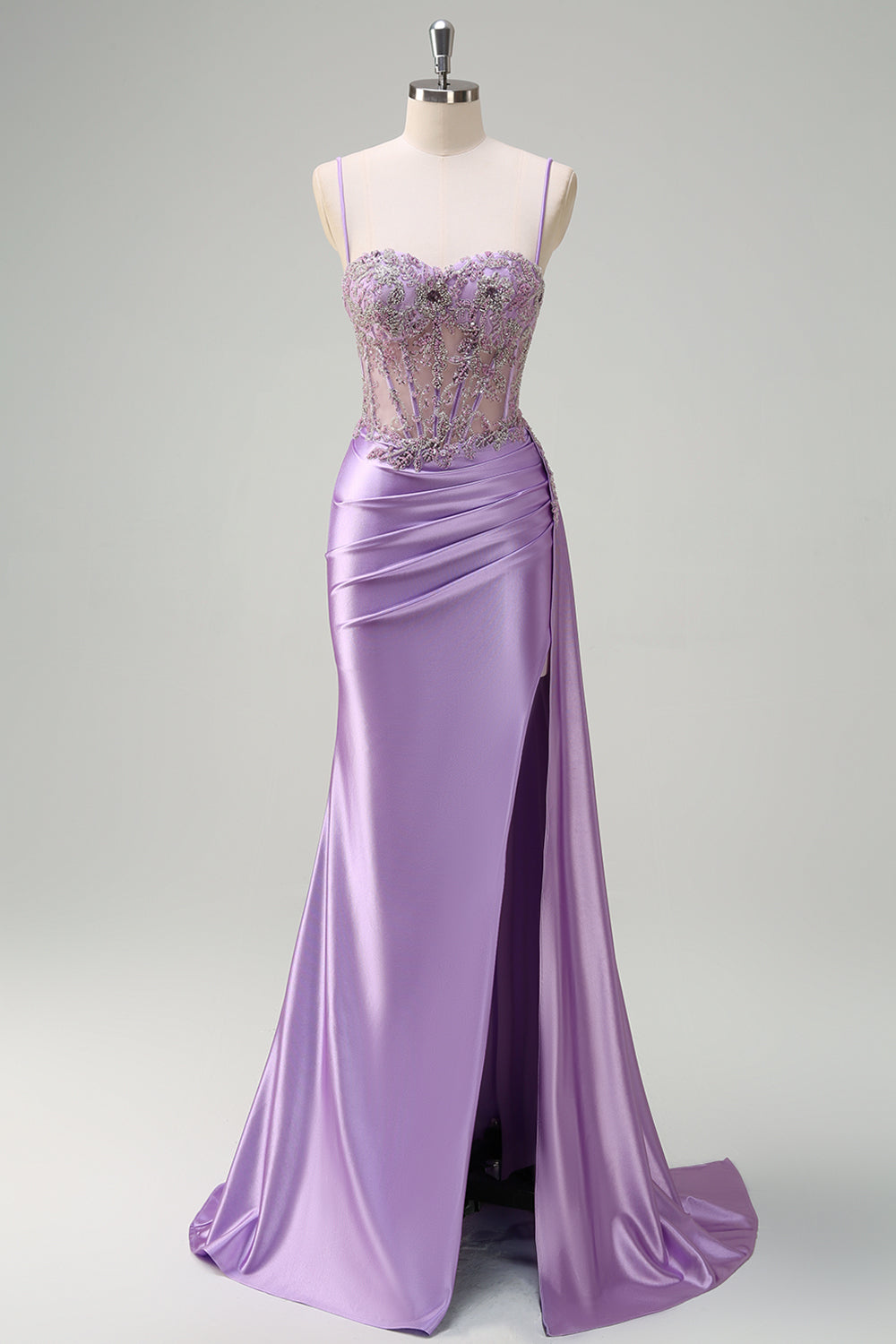 Purple Mermaid Watteau Train Sheer Ruched Corset Long Prom Dress with Slit