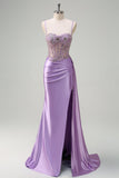 Purple Mermaid Watteau Train Sheer Ruched Corset Long Prom Dress with Slit