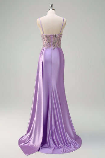 Purple Mermaid Watteau Train Sheer Ruched Corset Long Prom Dress with Slit