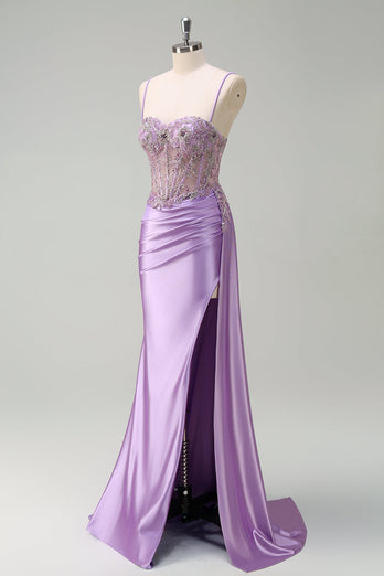 Purple Mermaid Watteau Train Sheer Ruched Corset Long Prom Dress with Slit