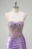 Load image into Gallery viewer, Purple Mermaid Watteau Train Sheer Ruched Corset Long Prom Dress with Slit