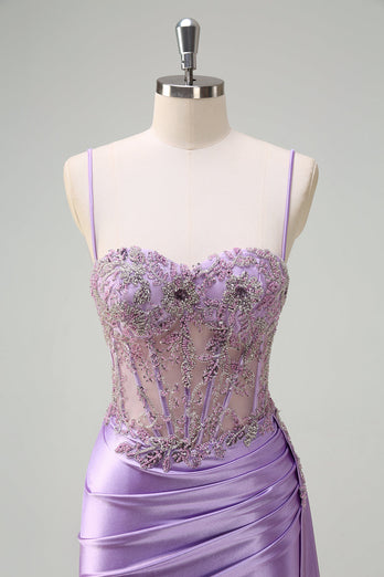 Purple Mermaid Watteau Train Sheer Ruched Corset Long Prom Dress with Slit