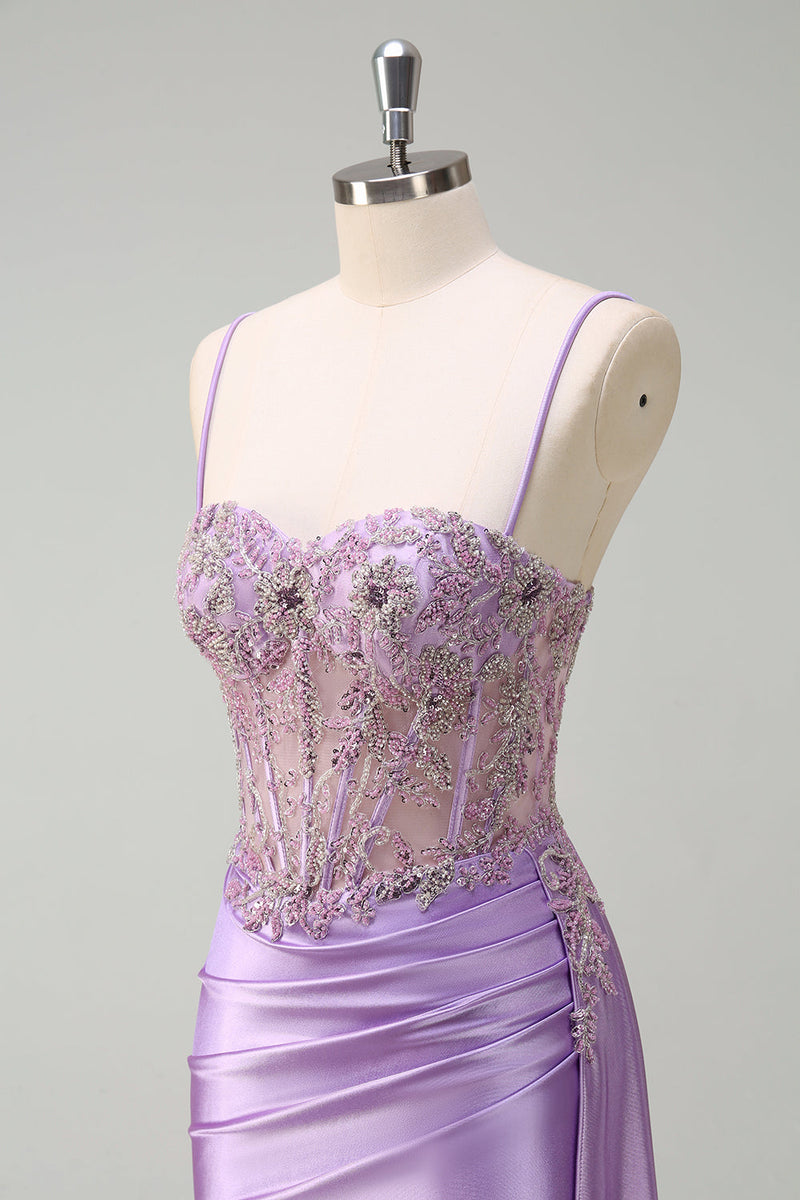 Load image into Gallery viewer, Purple Mermaid Watteau Train Sheer Ruched Corset Long Prom Dress with Slit