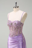Purple Mermaid Watteau Train Sheer Ruched Corset Long Prom Dress with Slit