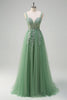 Load image into Gallery viewer, Green A-Line Spaghetti Straps Tulle Long Prom Dress with Appliques