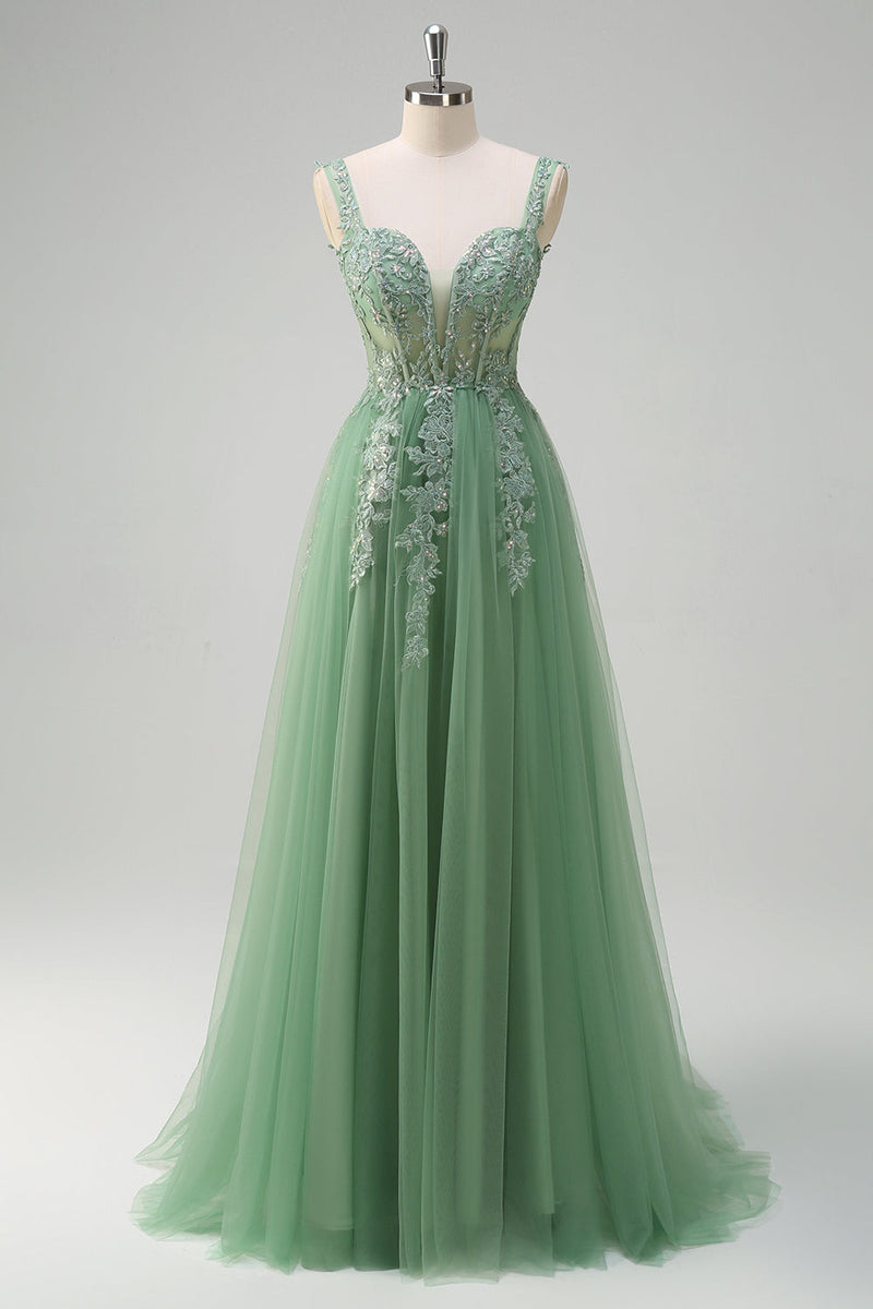 Load image into Gallery viewer, Green A-Line Spaghetti Straps Tulle Long Prom Dress with Appliques