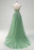 Load image into Gallery viewer, Green A-Line Spaghetti Straps Tulle Long Prom Dress with Appliques