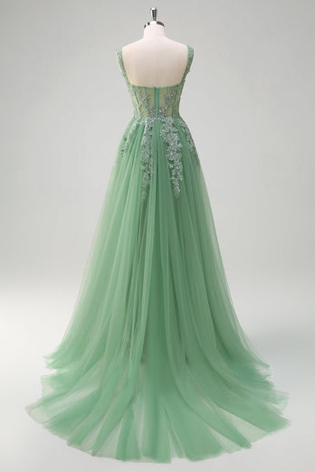 Green A-Line Spaghetti Straps Tulle Long Prom Dress with Appliques