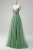 Load image into Gallery viewer, Green A-Line Spaghetti Straps Tulle Long Prom Dress with Appliques